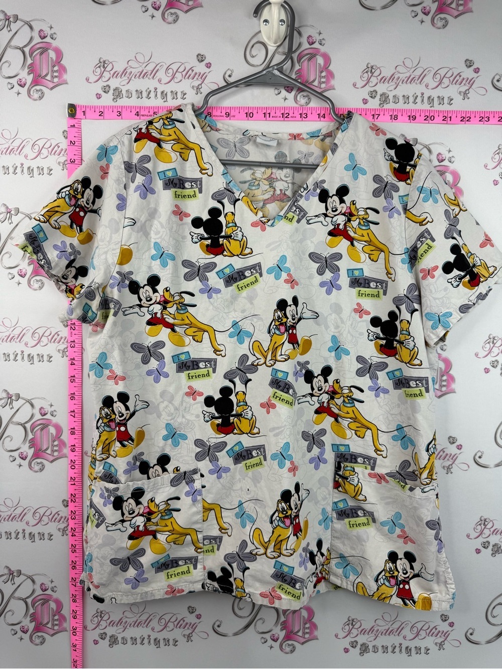 Disney scrub top tshirt Multicolor Mickey & Pluto Print V-Neck Scrub Top